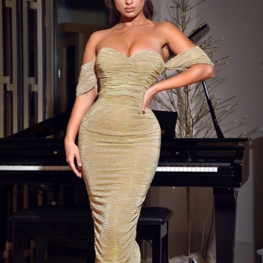 Miss Circle Gene Gold Ruched Off Shoulder Chiffon Dress